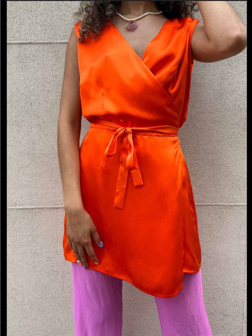 Lily Forbes - Asymmetrical Satin Wrap Dress in Vibrant Orange